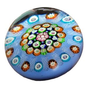 Early Blue Paul Ysart Lampwork Flower & Latticino Millefiori Garland Paperweight